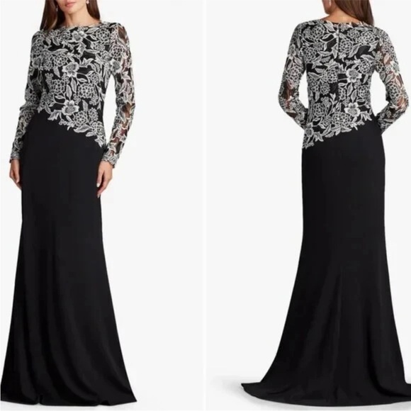Tadashi Shoji Sequin Embroidered Floral Lace Long Sleeve Crepe Gown size 12 $418 - Picture 3 of 10